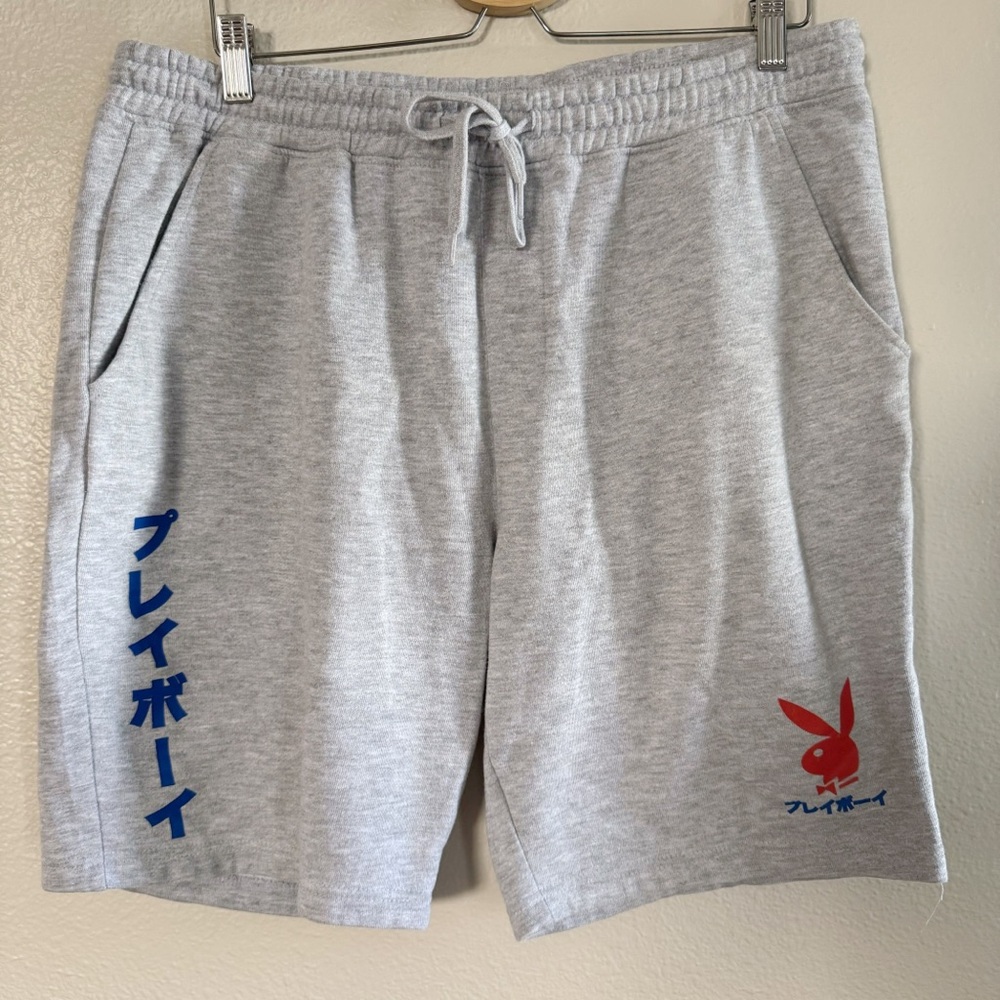 Playboy Men’s XL Athletic Shorts Gray - Japanese “プレイボーイ” Text & Red Bunny Logo